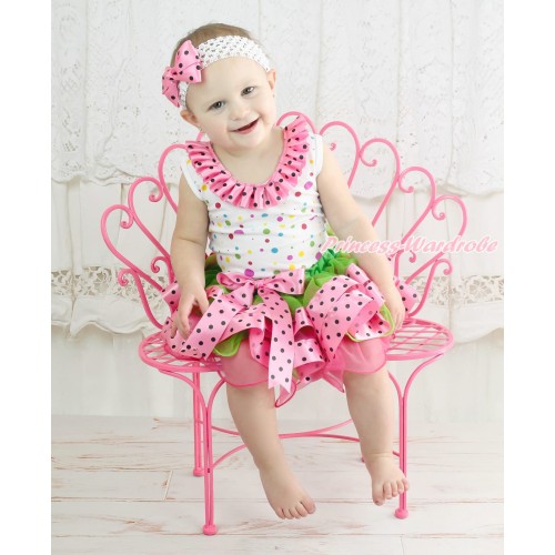 White Rainbow Dots Baby Pettitop Hot Pink Black Dots Lacing & Dots Bow Dark Green Hot Pink Black Dots Trimmed Baby Pettiskirt NP084